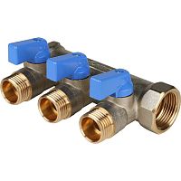 коллектор распределительный stout с кранами 3/4" 3 отвода 1/2" синие ручки