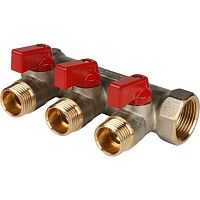 коллектор распределительный stout с кранами 3/4" 3 отвода 1/2" красные ручки