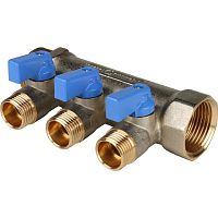 коллектор распределительный stout с кранами 1" 3 отвода 1/2" синие ручки